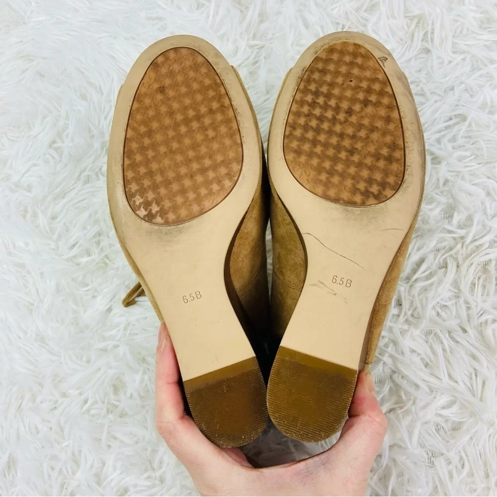 LAUREN RALPH LAUREN tan camel 100% sheep leather open toe suede wedge heels 6.5
